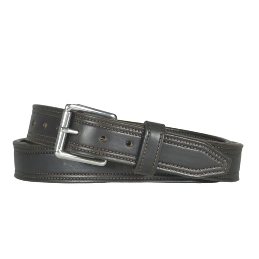 Dark brown leather belt with contrast stitching and a polished silver-tone buckle, coiled on a white background