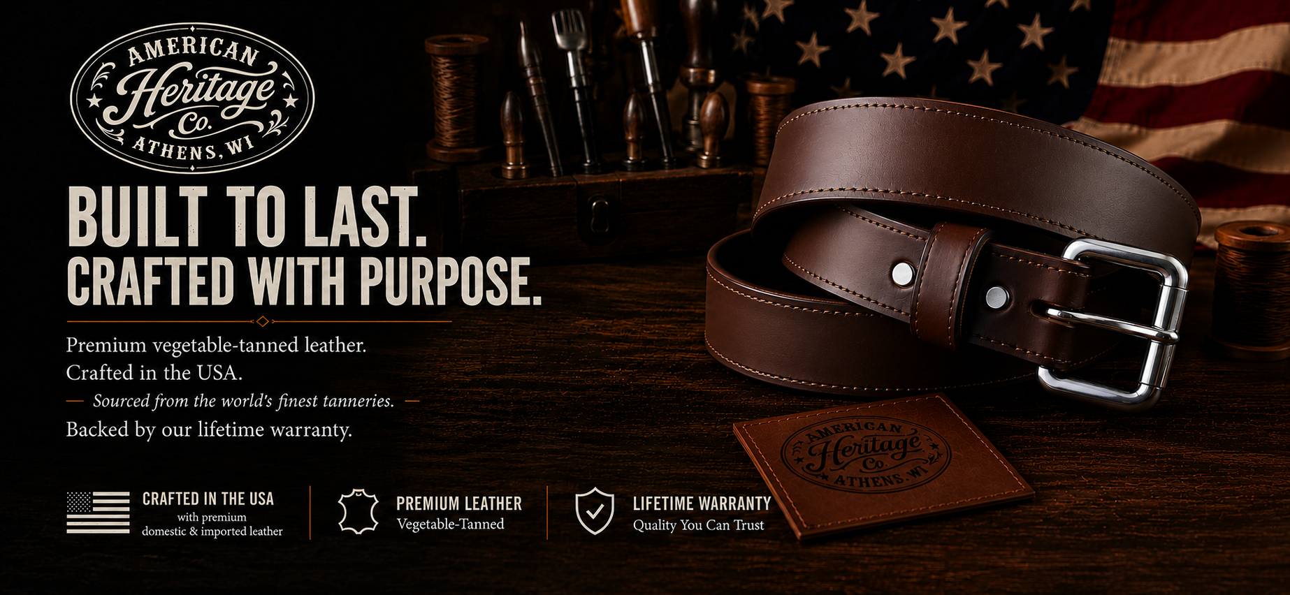 American Heritage Co. premium vegetable-tanned leather belt crafted in the USA
