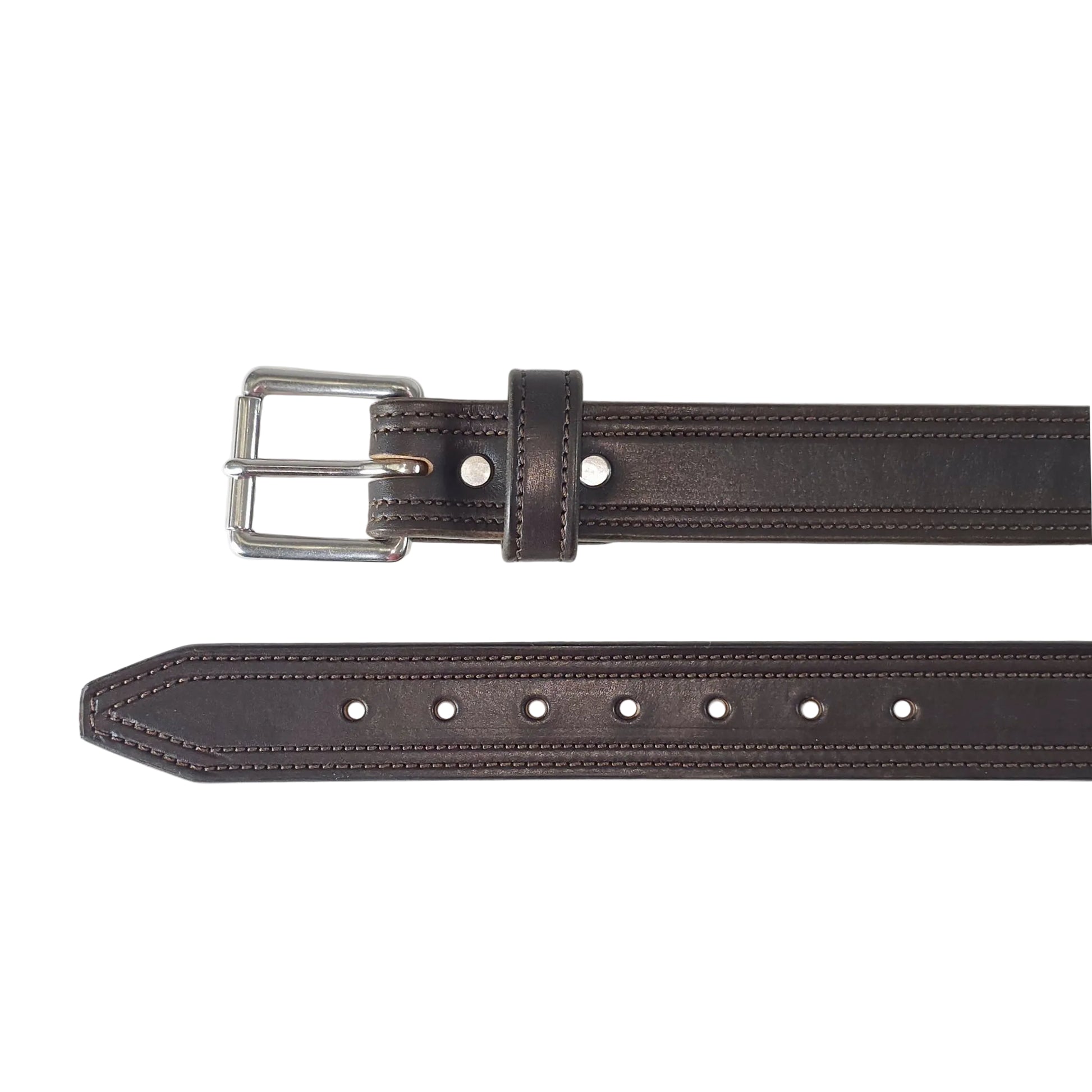 A dark brown leather belt with a silver-tone metal buckle, shown laid flat against a solid white background.