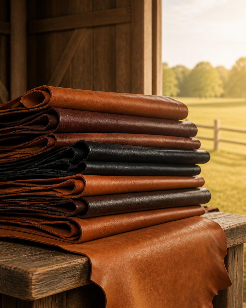 A stack of folded leather hides in various shades of brown, tan, and black, with a large brown leather piece draped over a rustic wooden table. The setting is a barn interior with a window looking out onto a sunny grassy field.