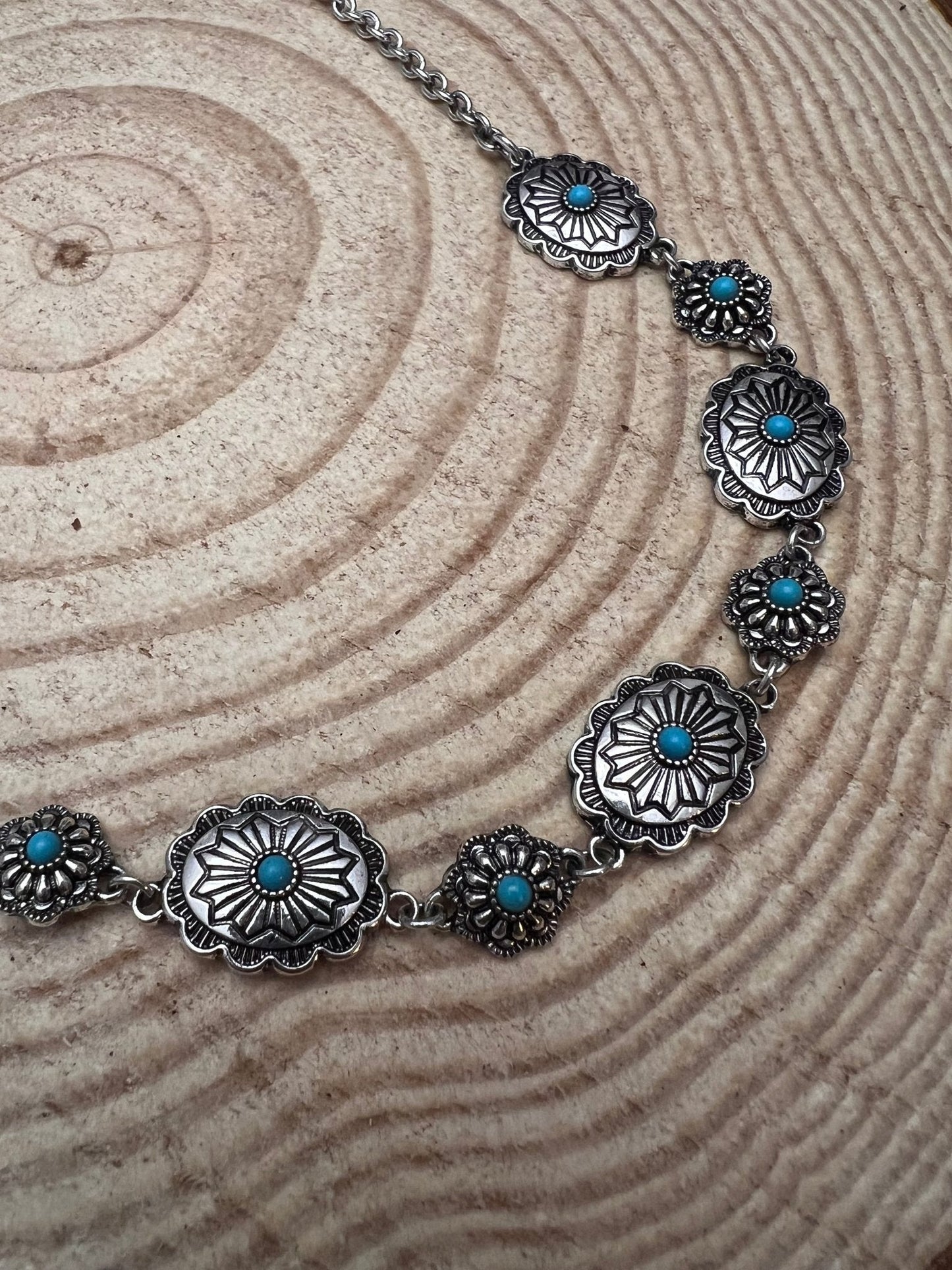 Linked Concho and Faux Turquoise Necklace - 18 inch + 3